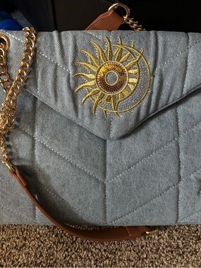 DG2 by Diane Gilman Quilted Denim Shoulder Bag in Blue and Brown with Gold Chain